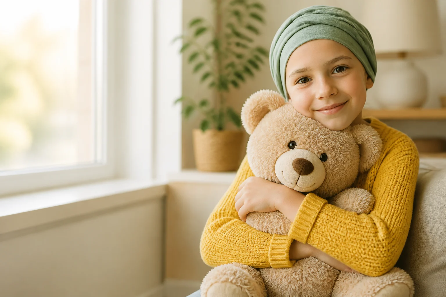 Demobeeld: kind met teddybeer bij een raam